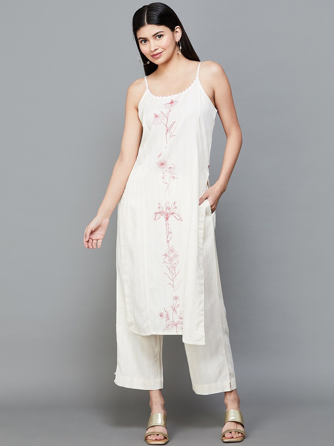 Melange by Lifestyle Floral Printed Shoulder Straps Straight Kurta with Trousers, White
Melange by Lifestyle Floral Printed Shoulder Straps Straight Kurta with Trousers, White