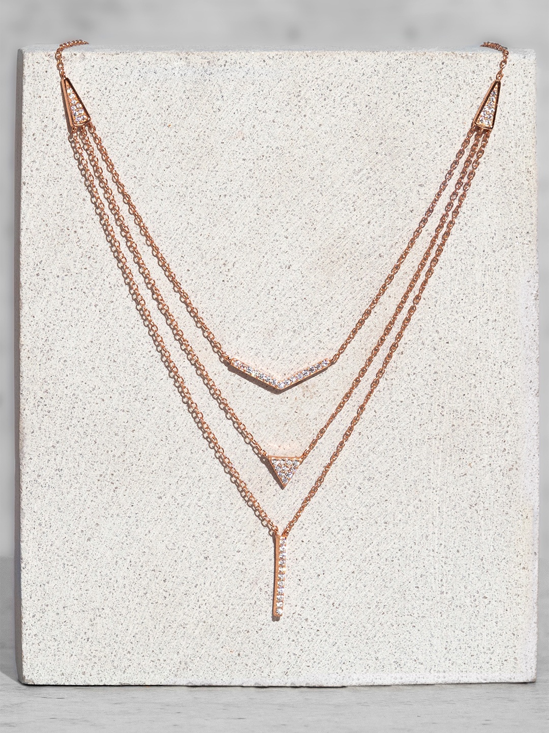 ORIONZ Sterling Silver Rose Gold-Plated Cubic Zirconia Studded Trigon Layered Necklace
ORIONZ Sterling Silver Rose Gold-Plated Cubic Zirconia Studded Trigon Layered Necklace