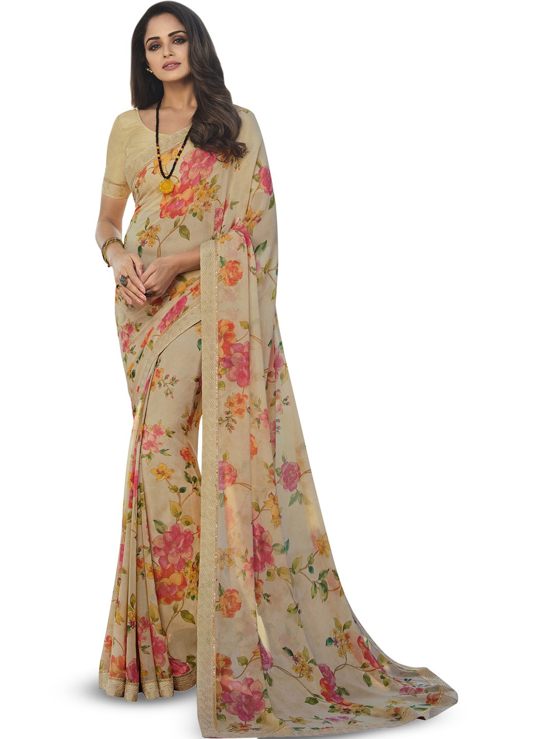 ROOP SUNDARI SAREES Floral Printed Pure Georgette Saree, Cream