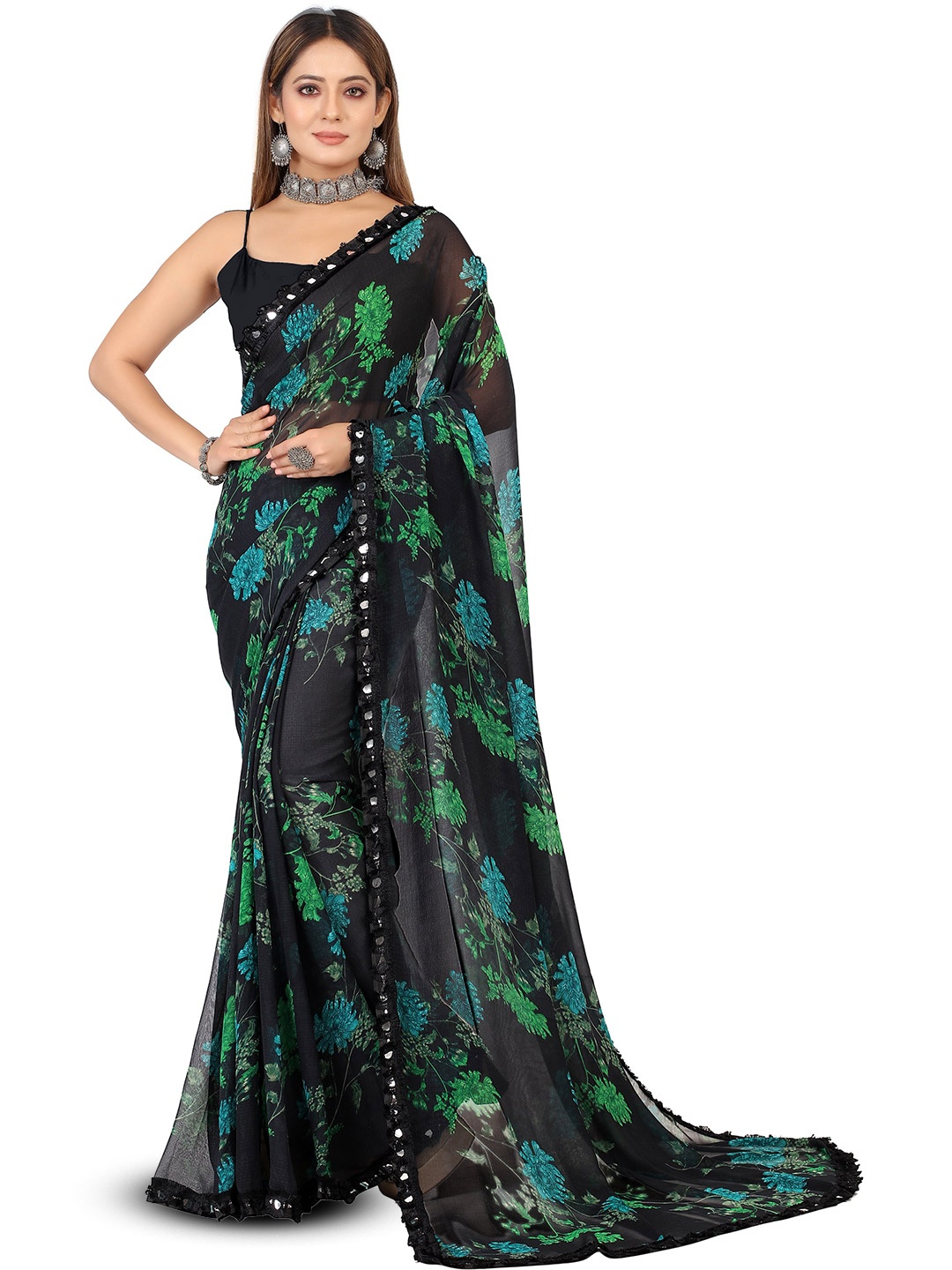 ROOP SUNDARI SAREES Floral Mirror Work Pure Georgette Saree, Blue
