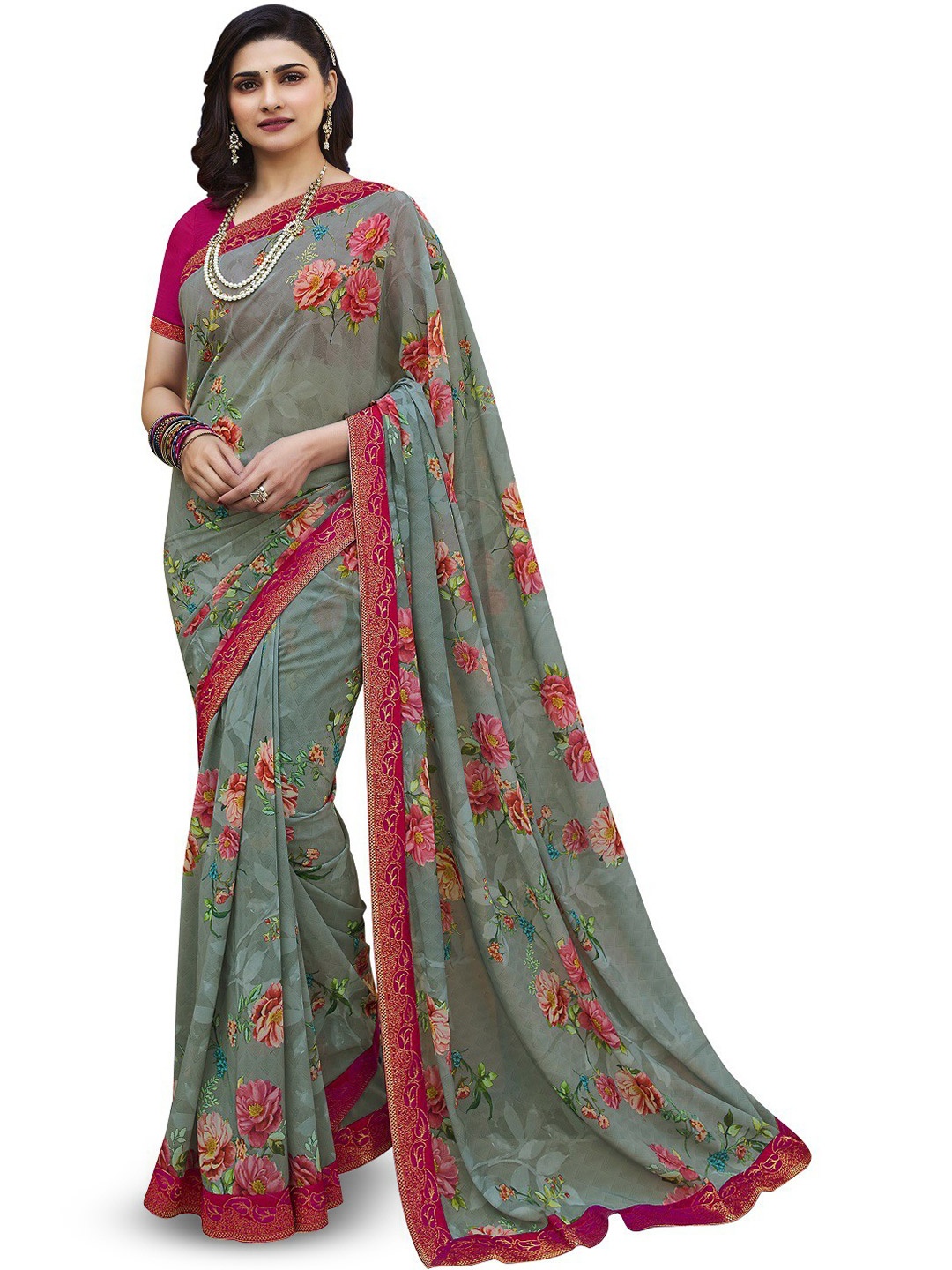 ROOP SUNDARI SAREES Floral Printed Pure Georgette Saree, Grey