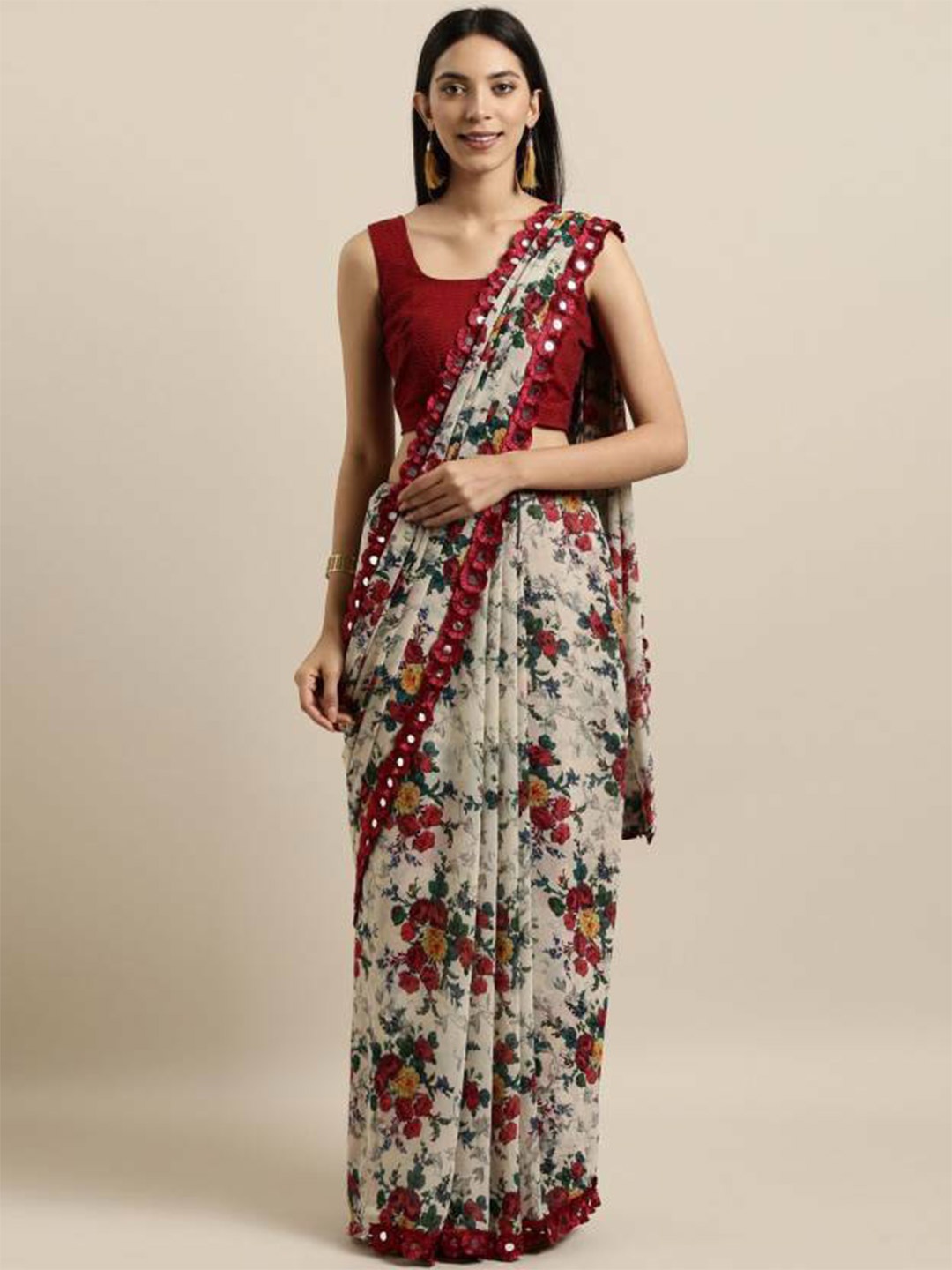 ROOP SUNDARI SAREES Floral Printed Beads and Stones Pure Georgette Saree, Beige