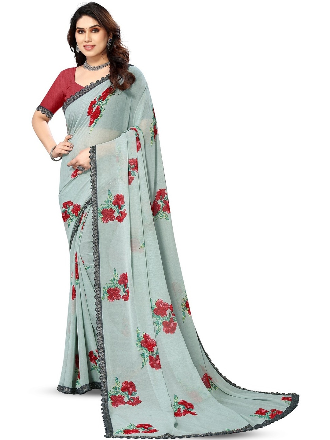 ROOP SUNDARI SAREES Floral Printed Embellished Pure Georgette Saree, Grey