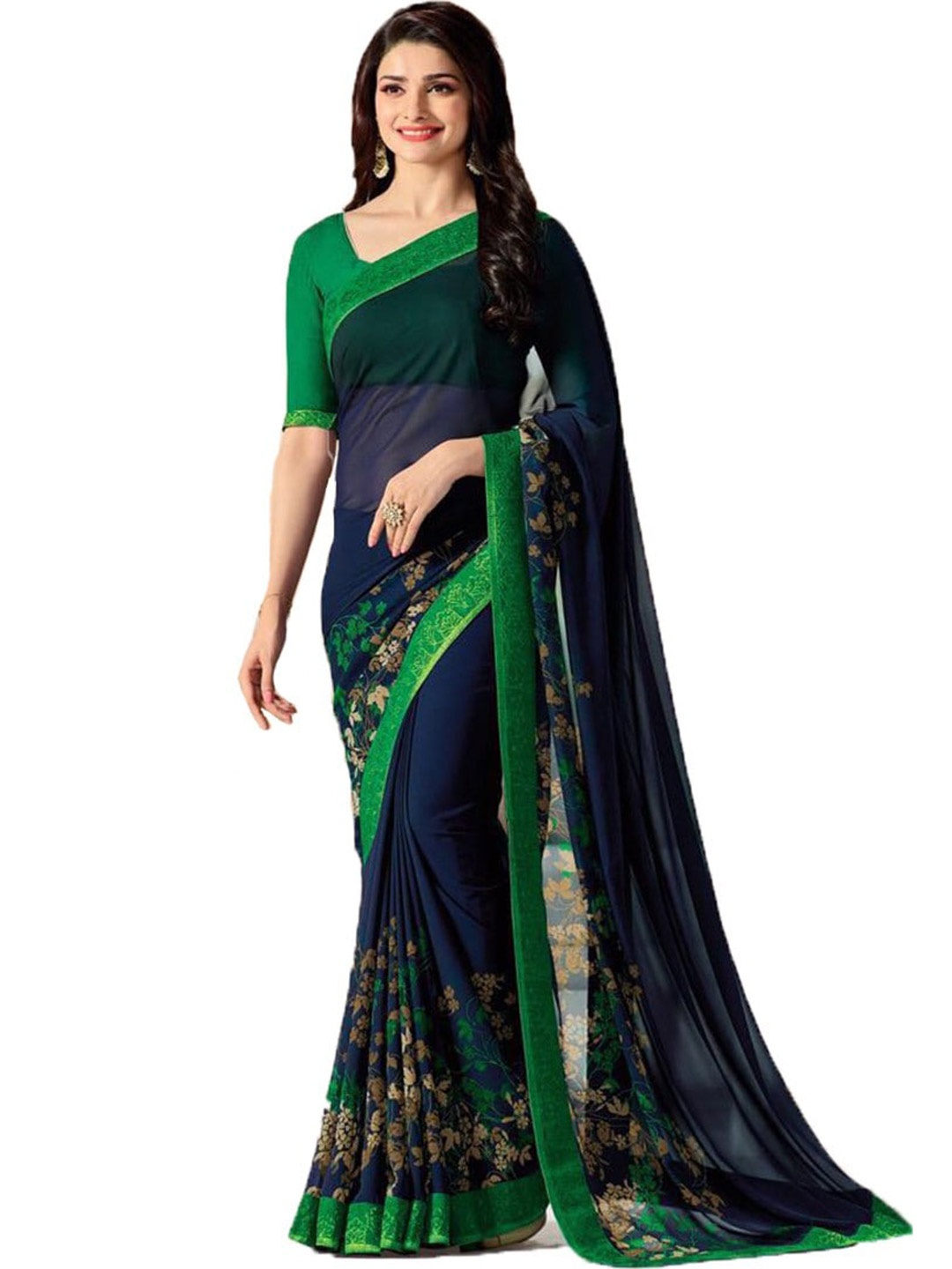 ROOP SUNDARI SAREES Floral Printed Pure Georgette Saree, Blue