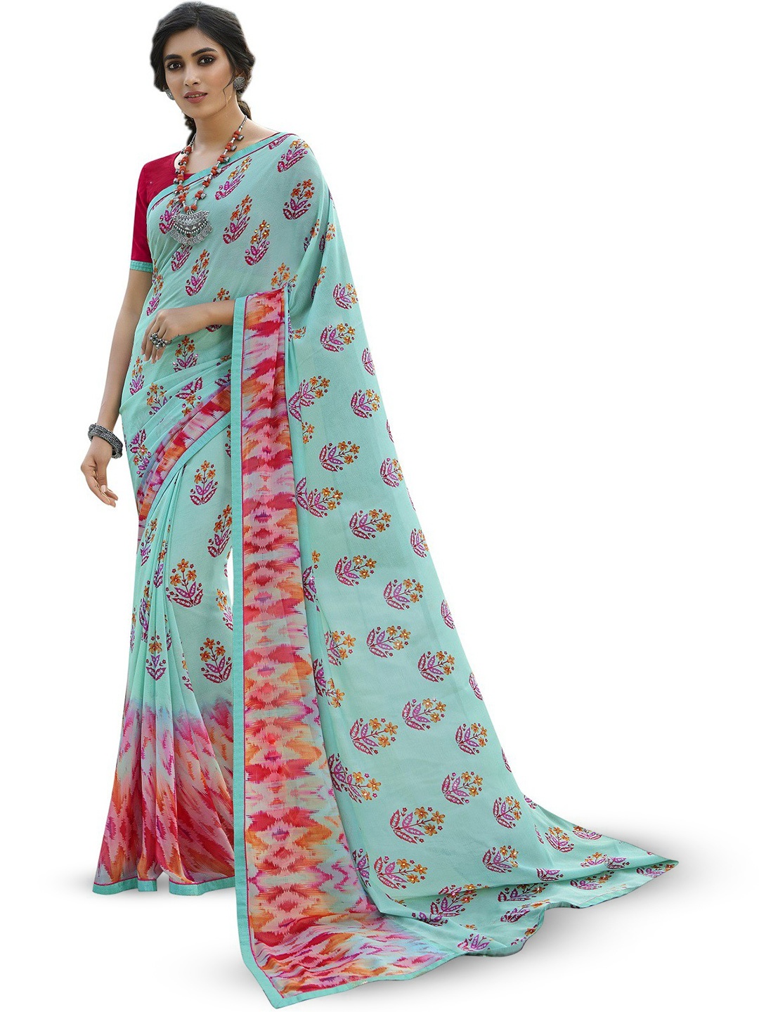 ROOP SUNDARI SAREES Woven Design Floral Printed Pure Georgette Saree, Blue