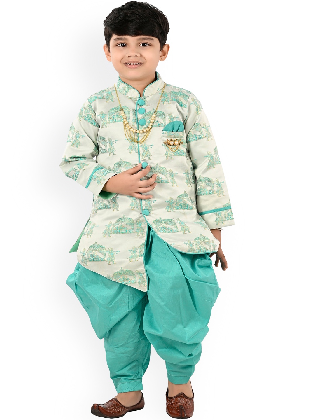 BAESD Boys Ethnic Motifs Printed Mandarin Collar Art Silk A-Line Kurta With Dhoti Pant, Turquoise blue
BAESD Boys Ethnic Motifs Printed Mandarin Collar Art Silk A-Line Kurta With Dhoti Pant, Turquoise blue