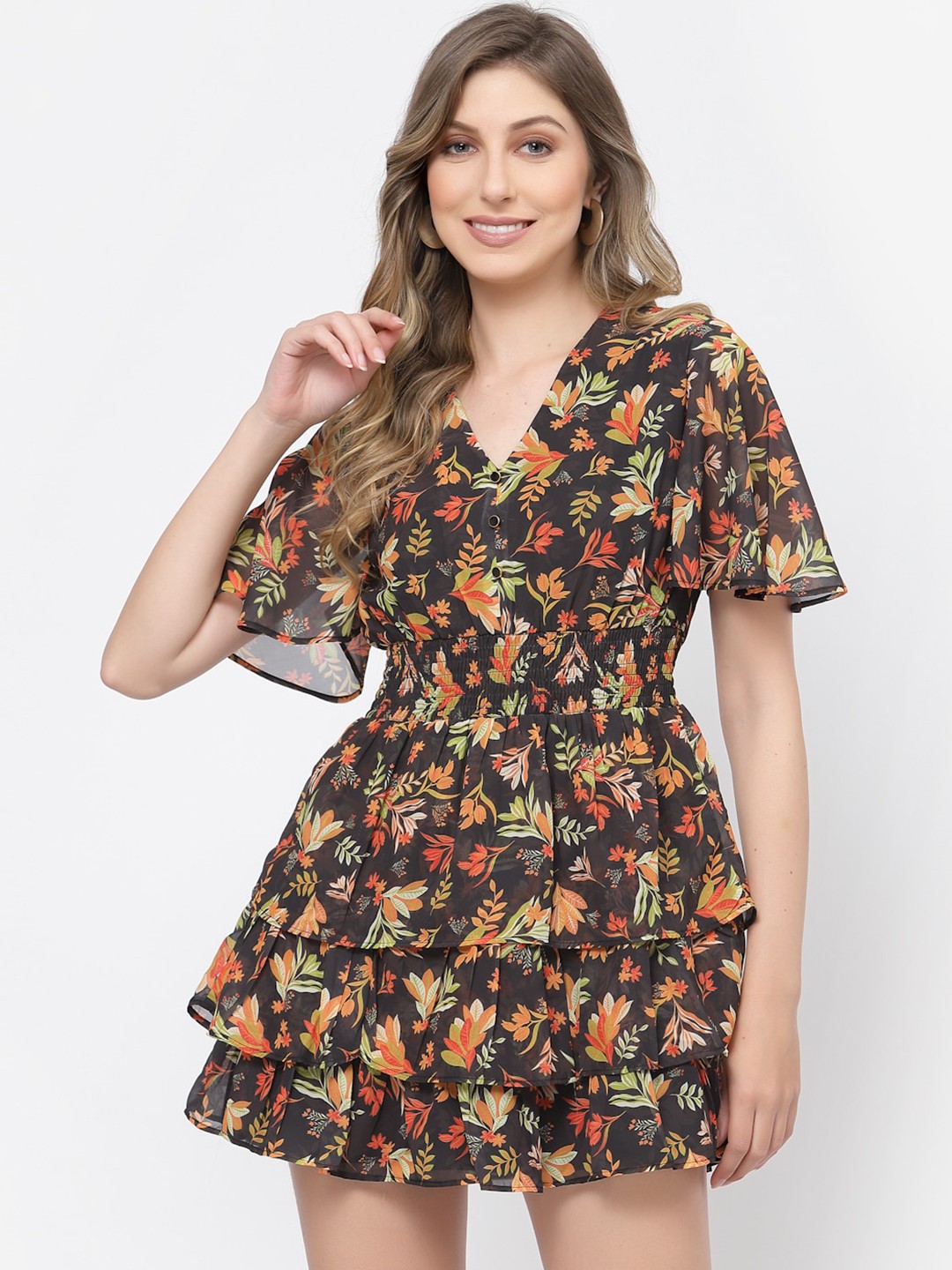 BELAVINE Floral Print V-Neck Flared Sleeve Smocked Layered Fit & Flare Mini Dress, Brown
BELAVINE Floral Print V-Neck Flared Sleeve Smocked Layered Fit & Flare Mini Dress, Brown