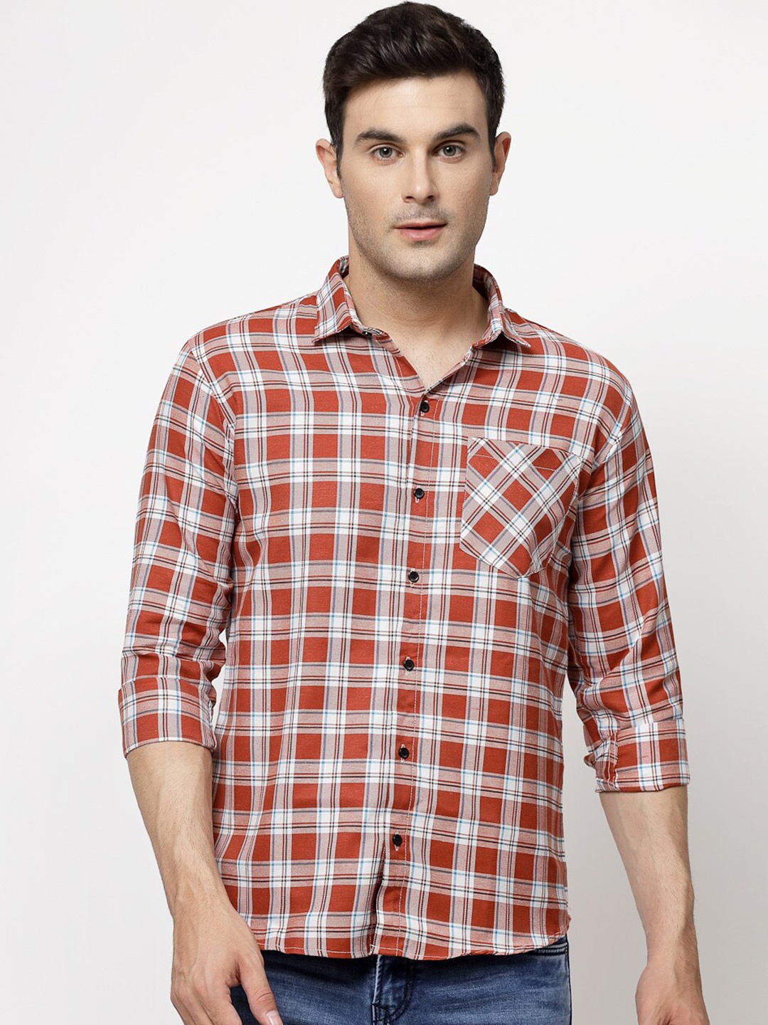 ADWYN PETER Tartan Checked Pure Cotton Casual Shirt, Red