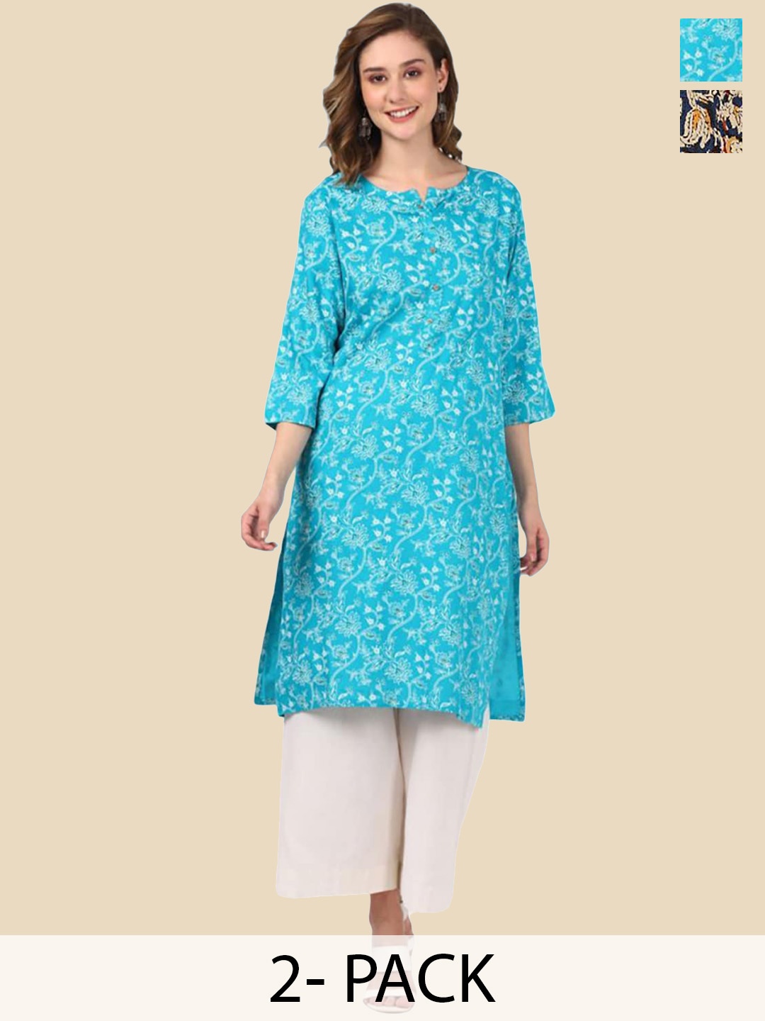 Rangita Selection Of 2 Floral Printed Round Neck Three-Quarter Sleeves Straight Kurta, Turquoise blue
Rangita Selection Of 2 Floral Printed Round Neck Three-Quarter Sleeves Straight Kurta, Turquoise blue