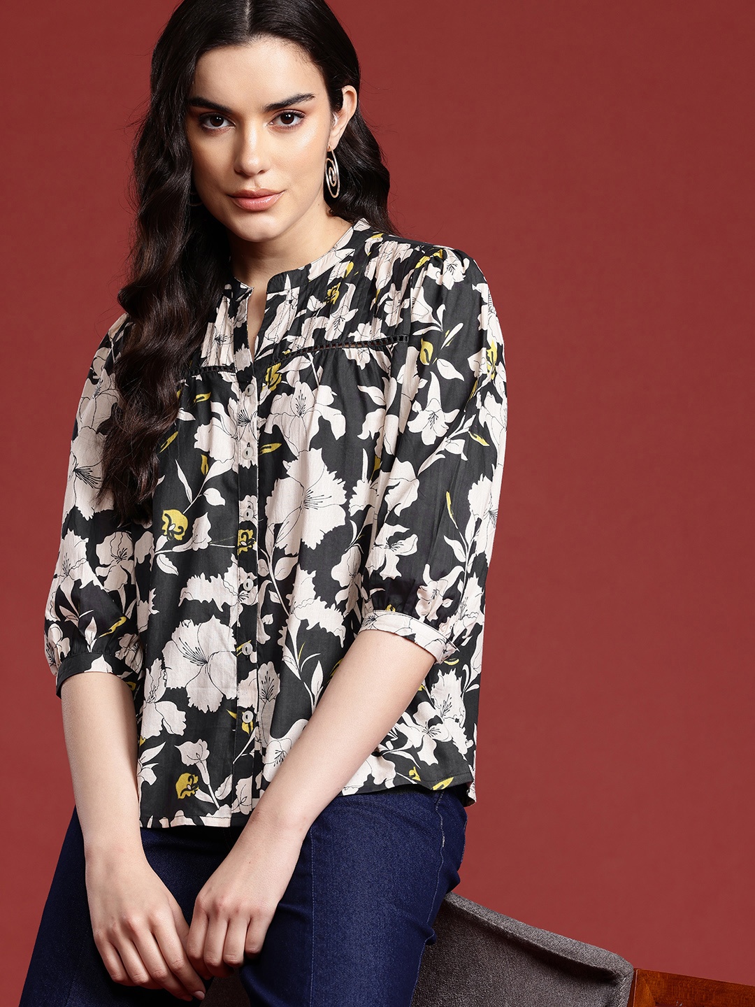 all about you Floral Print Mandarin Collar Puff Sleeves Pure Cotton Shirt Style Top, Black
all about you Floral Print Mandarin Collar Puff Sleeves Pure Cotton Shirt Style Top, Black