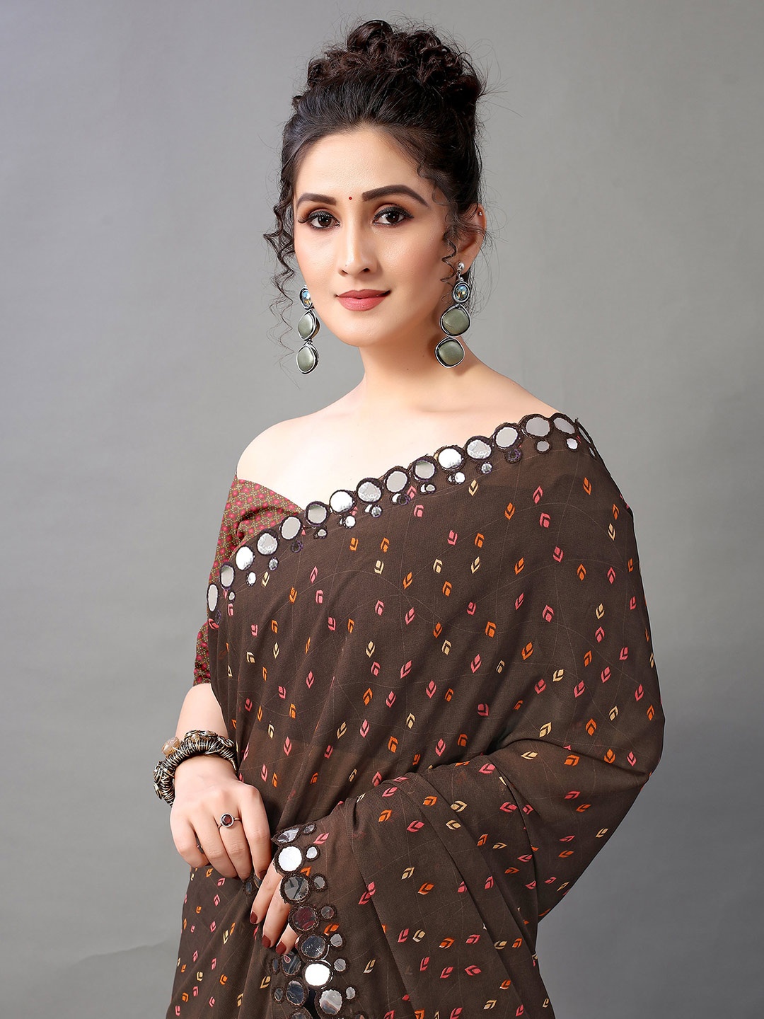 Shaily Floral Printed Mirror Work Saree, Brown