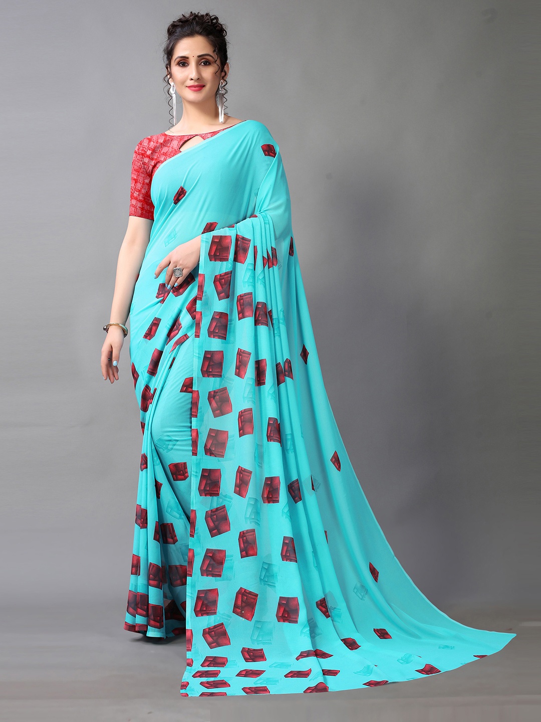 Shaily Blue & Red Geometric Printed Saree