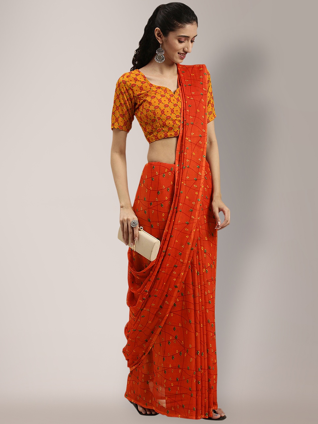 Shaily Red & Yellow Floral Printed Saree