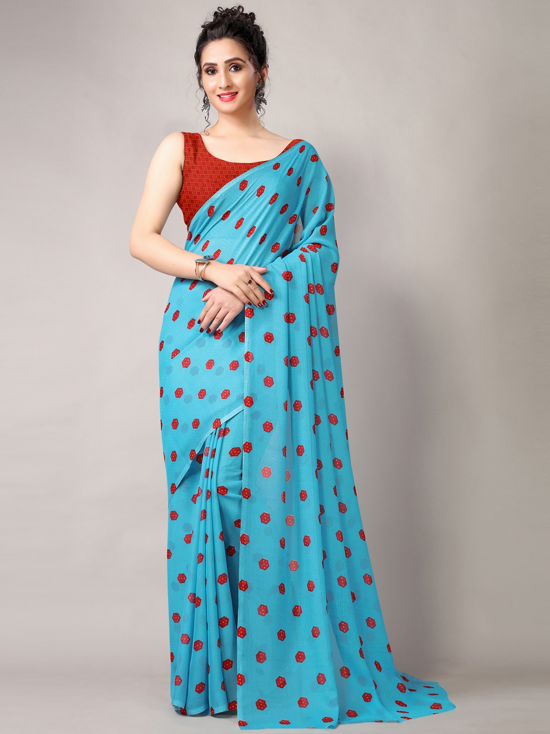 Shaily Blue & Red Geometric Printed Saree