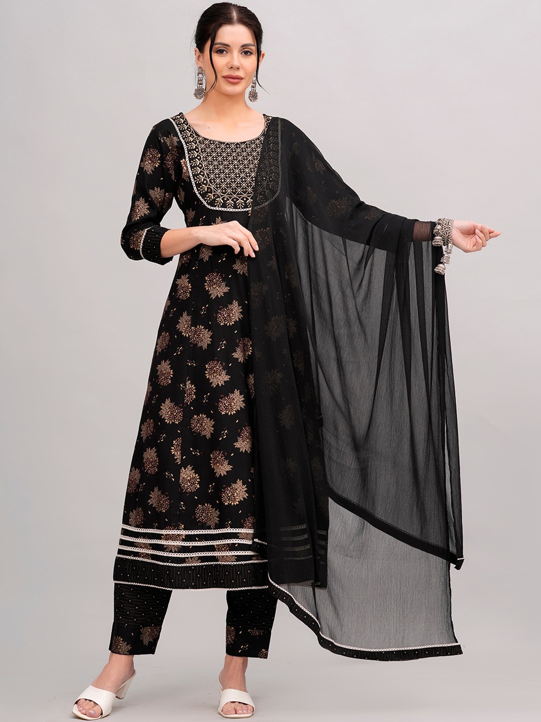 KALINI Floral Printed Thread Work A-Line Kurta With Trousers & Dupatta, Black