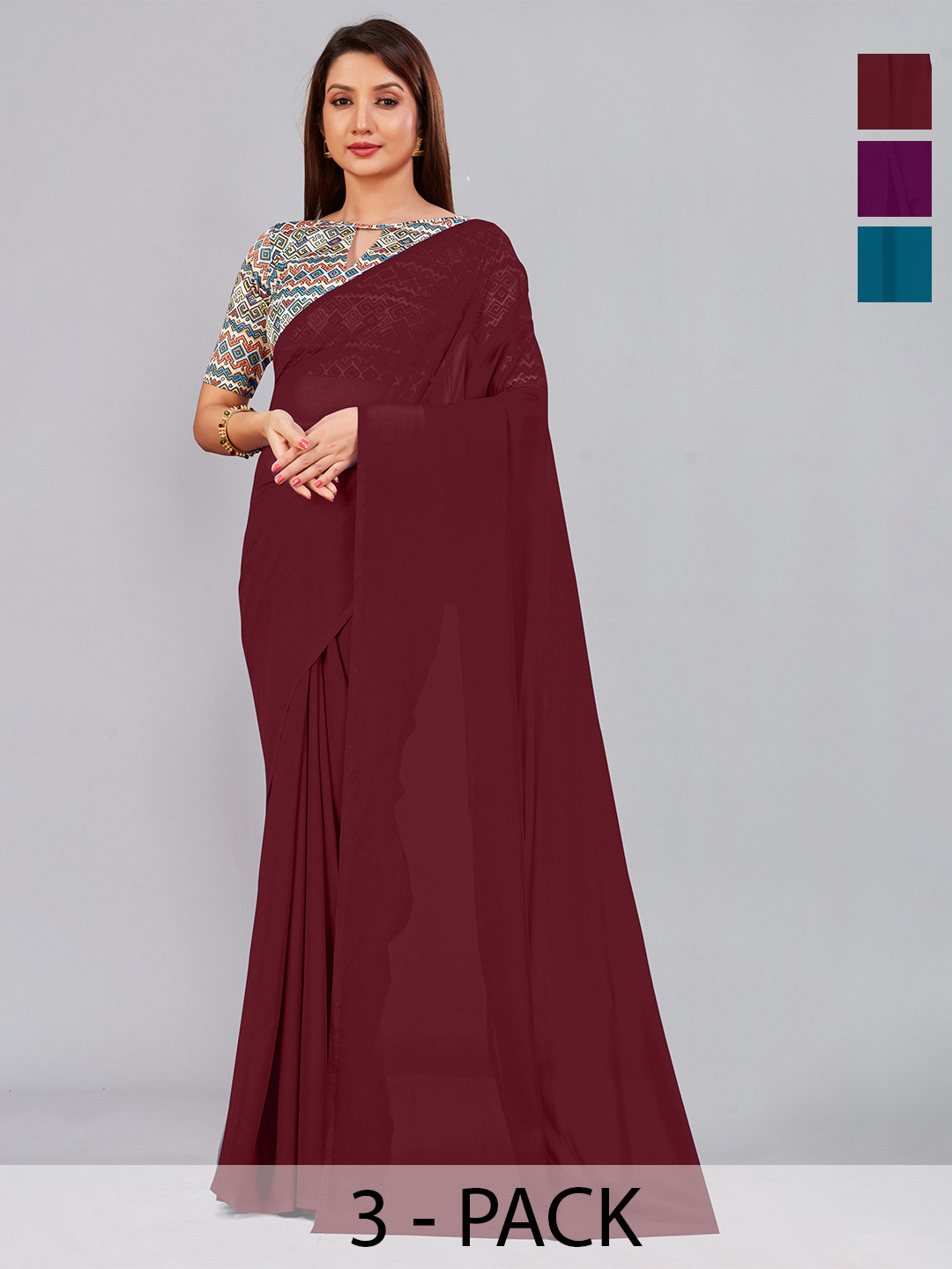 CastilloFab Selection Of 3 Pure Georgette Saree, Maroon
CastilloFab Selection Of 3 Pure Georgette Saree, Maroon
