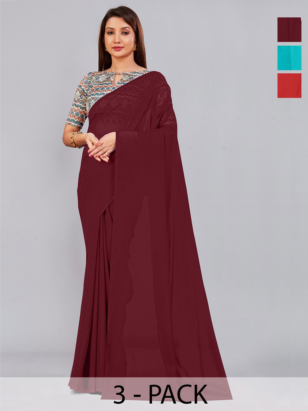 CastilloFab Selection Of 3 Pure Georgette Saree, Maroon