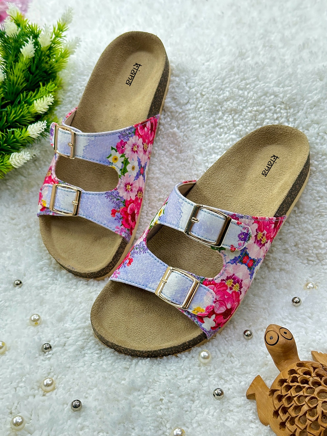 Kiana Printed Open Toe Flats With Buckles, Blue