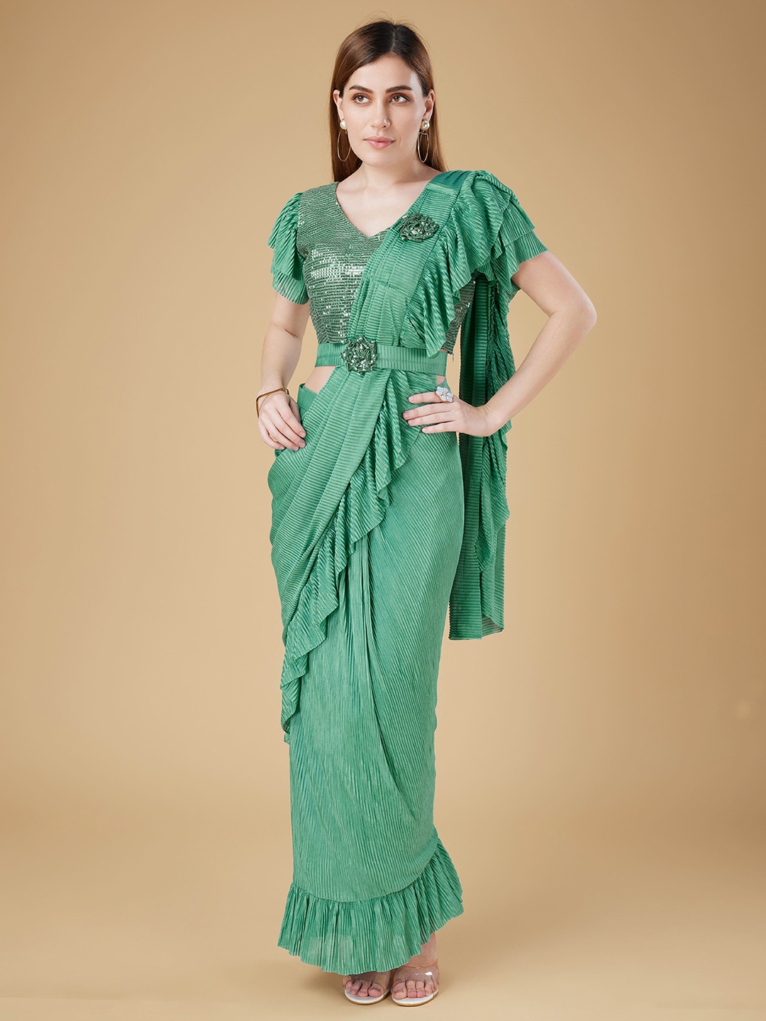 AMOHA TRENDZ Striped Sequinned Pre-Stitched Ready To Wear Ruffled Saree With Belt, Turquoise blue
AMOHA TRENDZ Striped Sequinned Pre-Stitched Ready To Wear Ruffled Saree With Belt, Turquoise blue