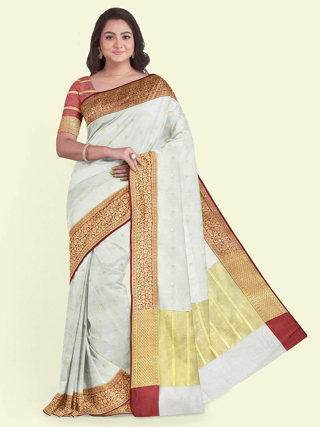 Muskan Fashion Ethnic Motifs Zari Organza Banarasi Saree, White
Muskan Fashion Ethnic Motifs Zari Organza Banarasi Saree, White