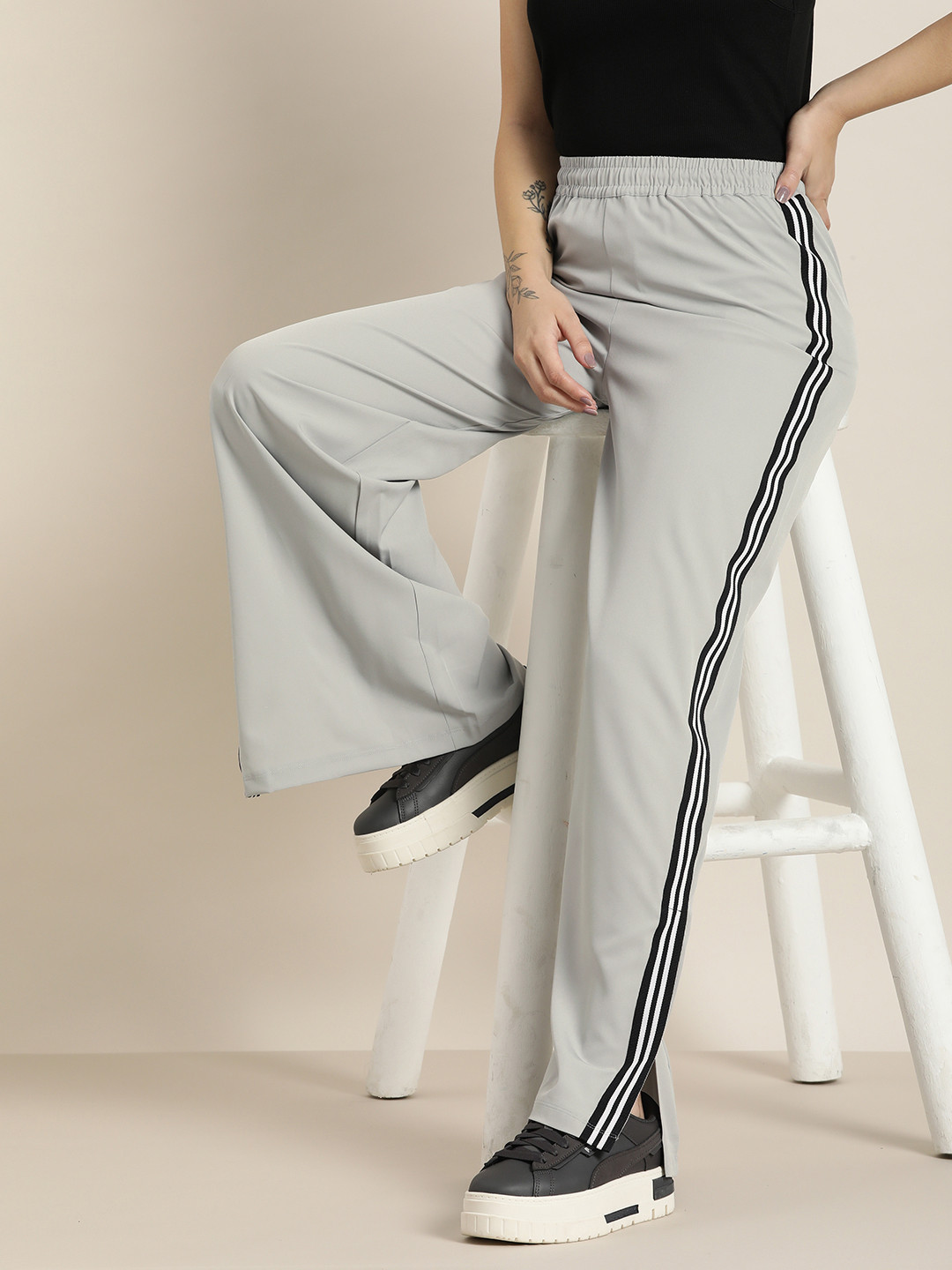HERE&NOW Women Side Striped Parallel Trousers, Grey
HERE&NOW Women Side Striped Parallel Trousers, Grey