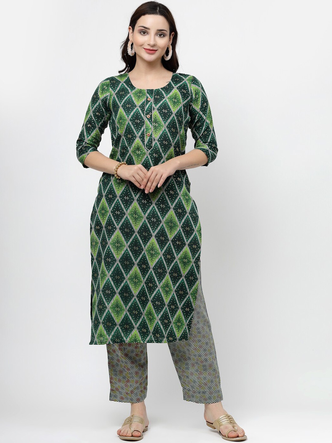 KALINI Ethnic Motifs Printed Round Neck Three-Quarter Sleeves Pure Cotton Kurta Set, Green
KALINI Ethnic Motifs Printed Round Neck Three-Quarter Sleeves Pure Cotton Kurta Set, Green