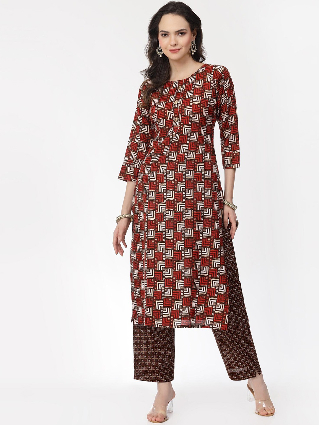 KALINI Geometric Printed Round Neck Three-Quarter Sleeves Pure Cotton Kurta with Trousers, Red
KALINI Geometric Printed Round Neck Three-Quarter Sleeves Pure Cotton Kurta with Trousers, Red