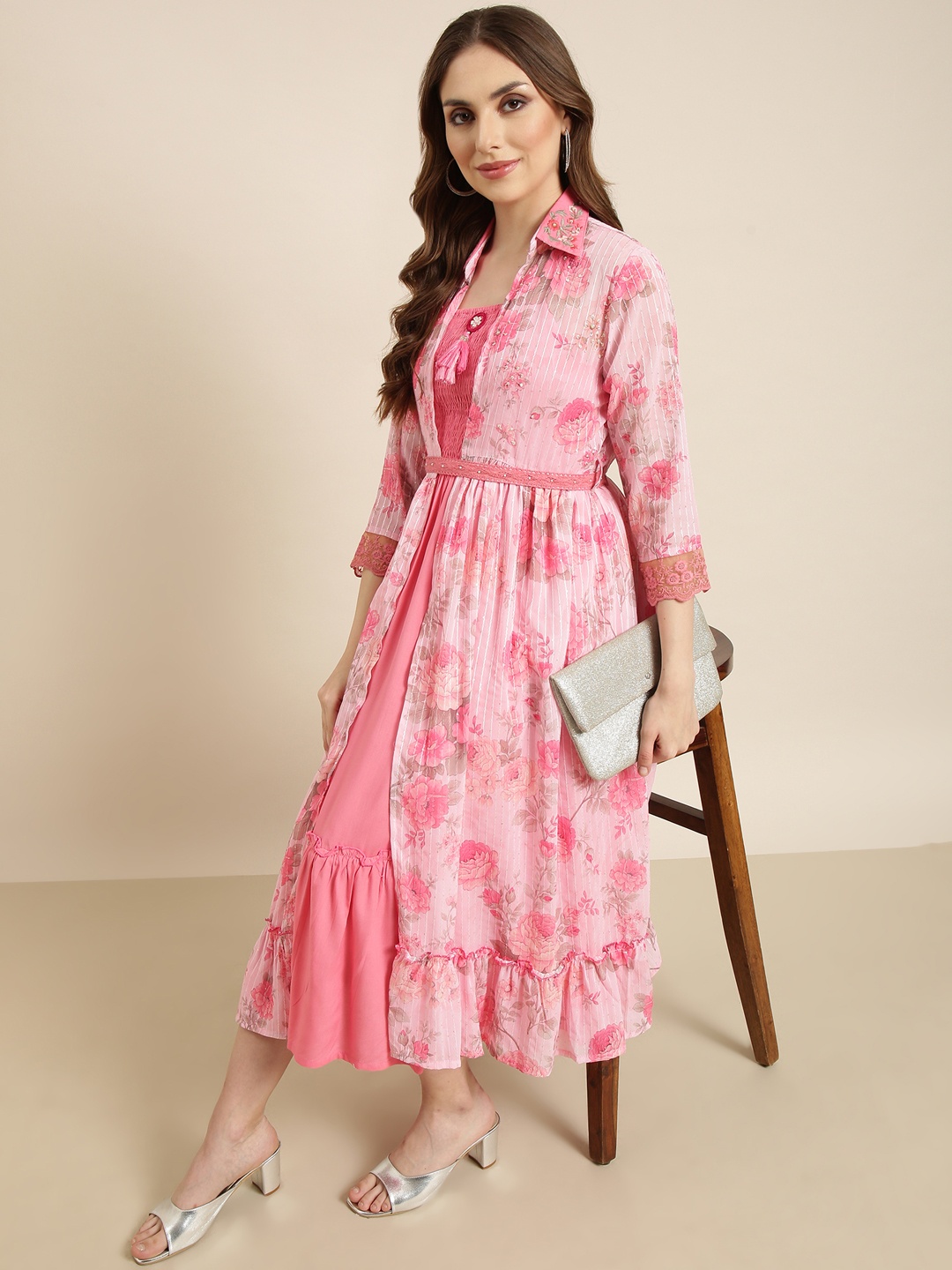 SHOWOFF Shirt Collar Three Quarter Sleeves Floral Print A-Line Midi Cotton Dress, Pink
SHOWOFF Shirt Collar Three Quarter Sleeves Floral Print A-Line Midi Cotton Dress, Pink