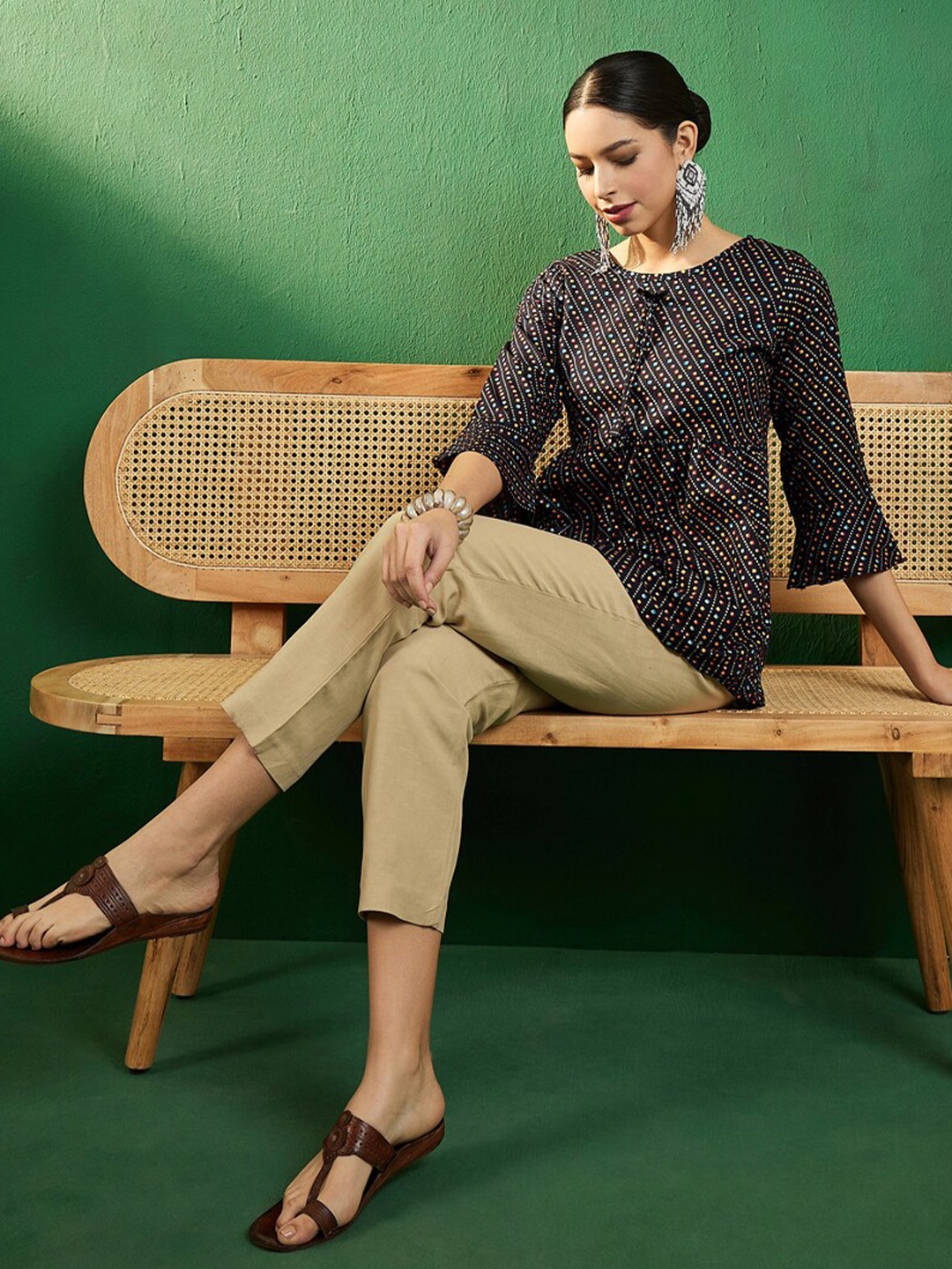Sangria Navy blue Bandhani Printed Round Neck Bell Sleeves Empire Style A-Line Short Kurti
Sangria Navy blue Bandhani Printed Round Neck Bell Sleeves Empire Style A-Line Short Kurti