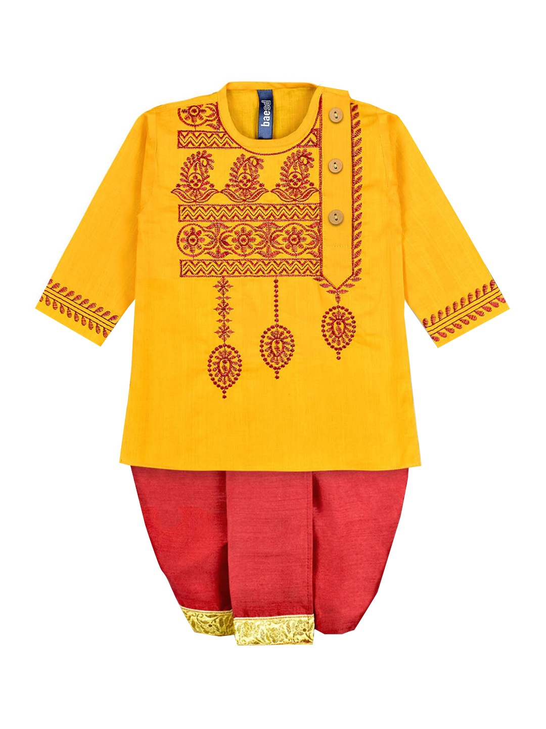 BAESD Boys Ethnic Motifs Embroidered Mandarin Collar Pure Cotton Kurta with Dhoti Pants, Yellow
BAESD Boys Ethnic Motifs Embroidered Mandarin Collar Pure Cotton Kurta with Dhoti Pants, Yellow