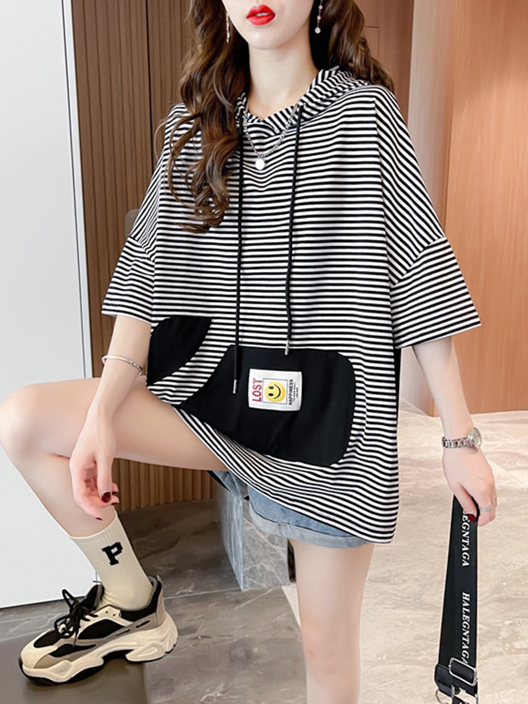 StyleCast Black Striped Hooded Neck Top