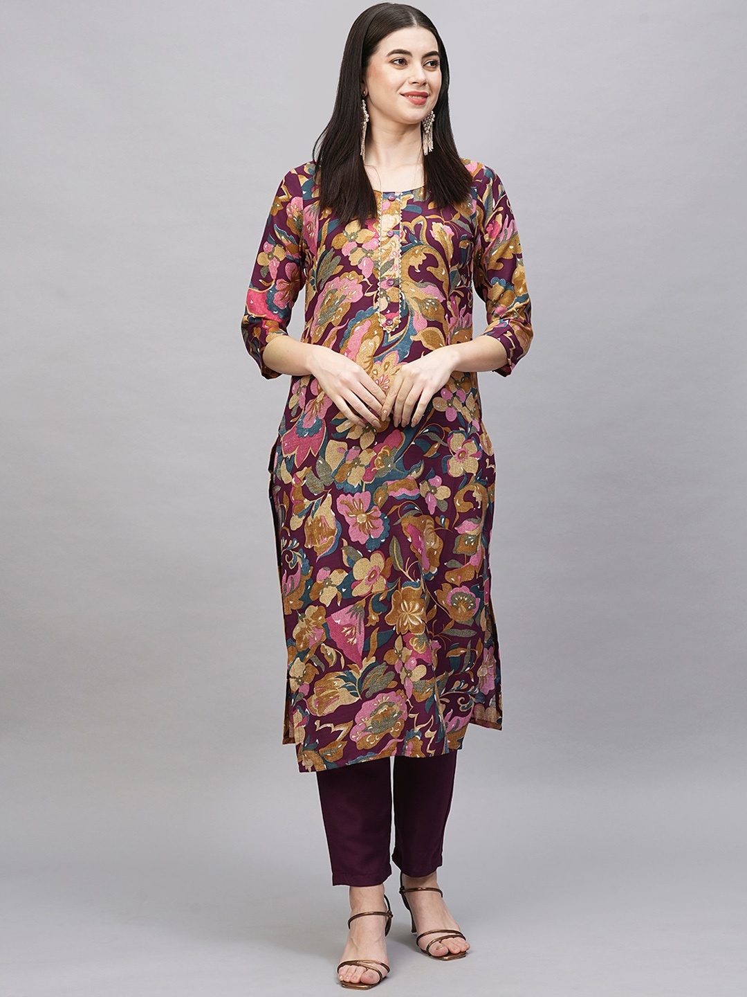 KALINI Floral Printed Round Neck Three-Quarter Sleeves Cotton Kurta with Trousers, Purple
KALINI Floral Printed Round Neck Three-Quarter Sleeves Cotton Kurta with Trousers, Purple