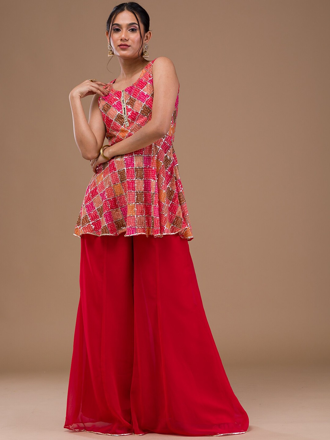 Koskii Bandhani Printed Round Neck Sequinned Georgette Kurti With Palazzo & Dupatta, Red
Koskii Bandhani Printed Round Neck Sequinned Georgette Kurti With Palazzo & Dupatta, Red
