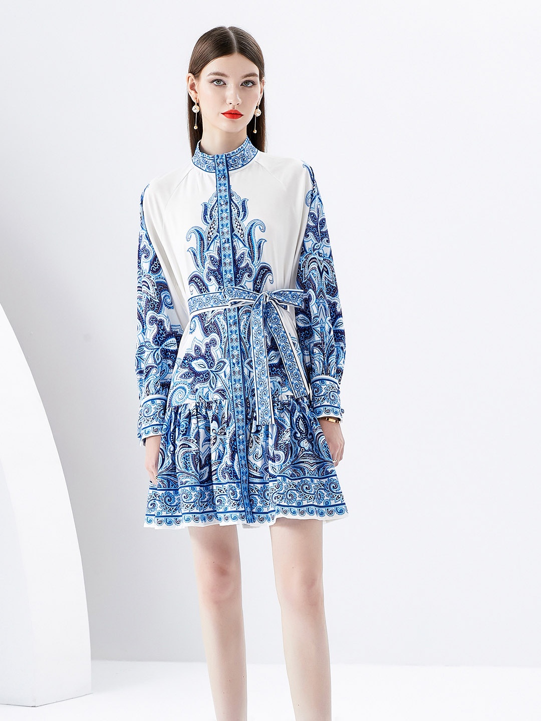 JC Collection Floral Printed Mandarin Collar Cuffed Sleeves Tie-Ups A-Line Mini Dress, Blue
JC Collection Floral Printed Mandarin Collar Cuffed Sleeves Tie-Ups A-Line Mini Dress, Blue