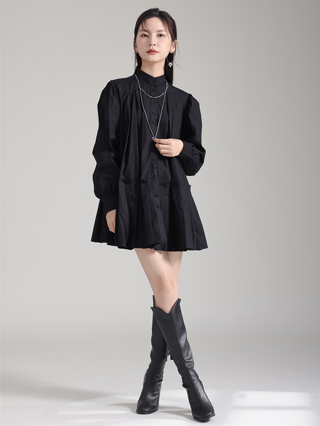 JC Collection Mandarin Collar Cuffed Sleeves Gathered Detail A-Line Mini Dress, Black
JC Collection Mandarin Collar Cuffed Sleeves Gathered Detail A-Line Mini Dress, Black