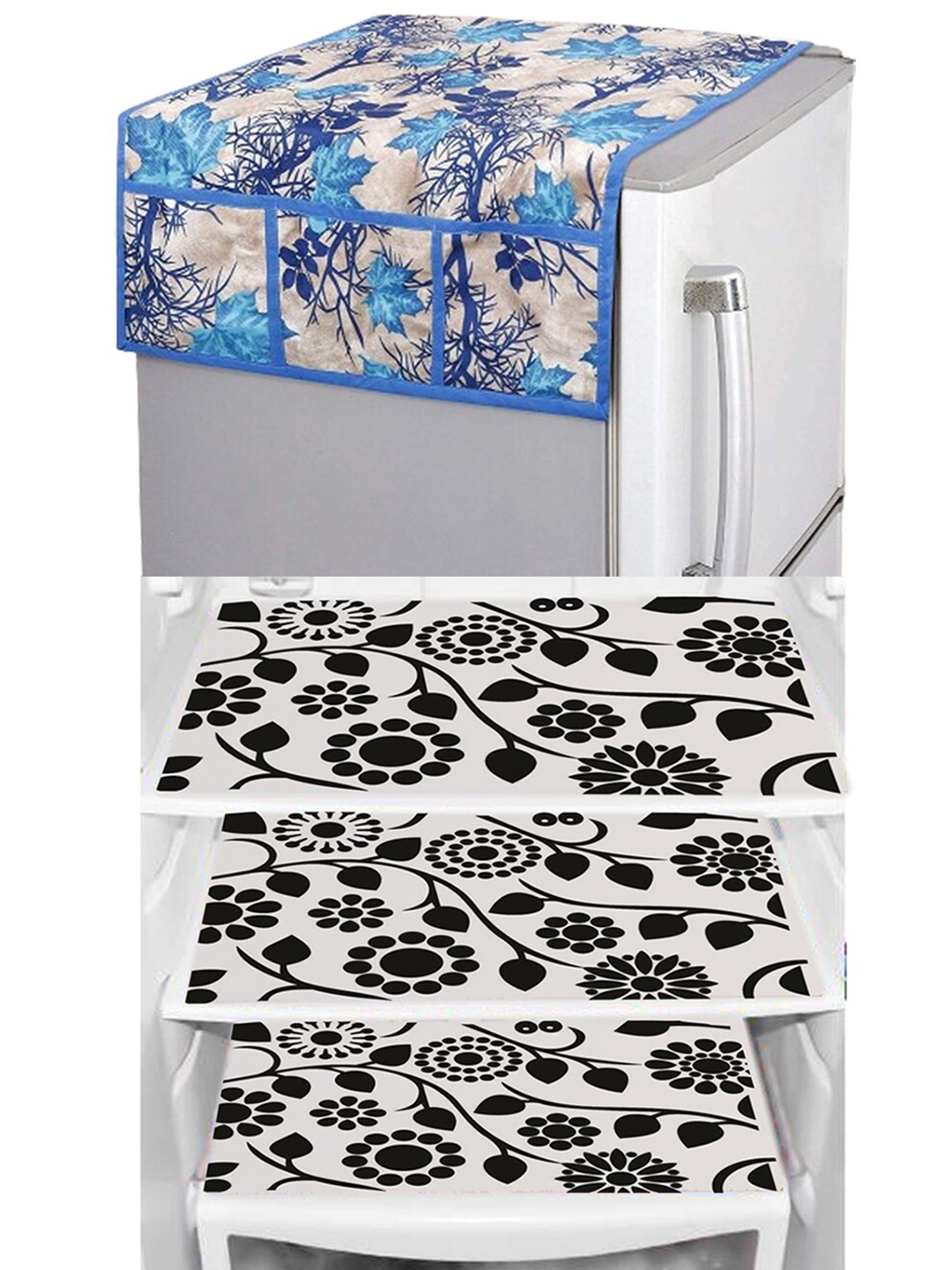 Dakshya Industries Black & Blue 4 Pieces Floral Printed Waterproof Fridge Cover With Mats
Dakshya Industries Black & Blue 4 Pieces Floral Printed Waterproof Fridge Cover With Mats