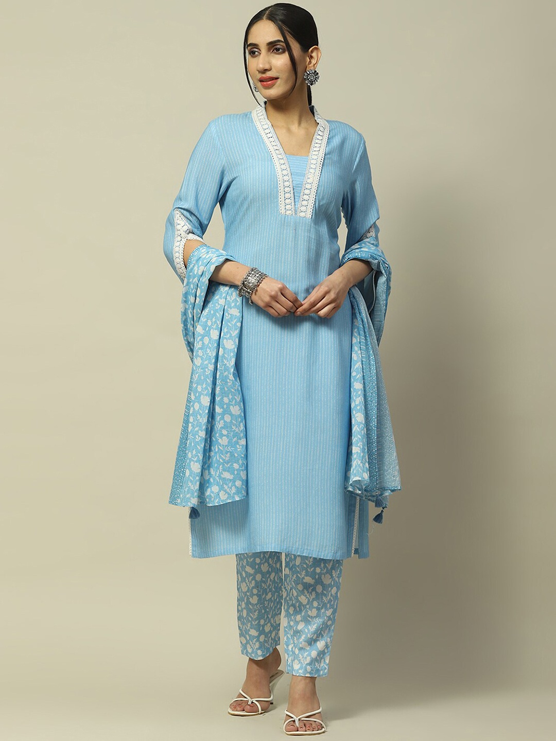 Rangriti Square Neck Striped Gotta Patti Straight Kurta with Palazzos & Dupatta, Blue
Rangriti Square Neck Striped Gotta Patti Straight Kurta with Palazzos & Dupatta, Blue