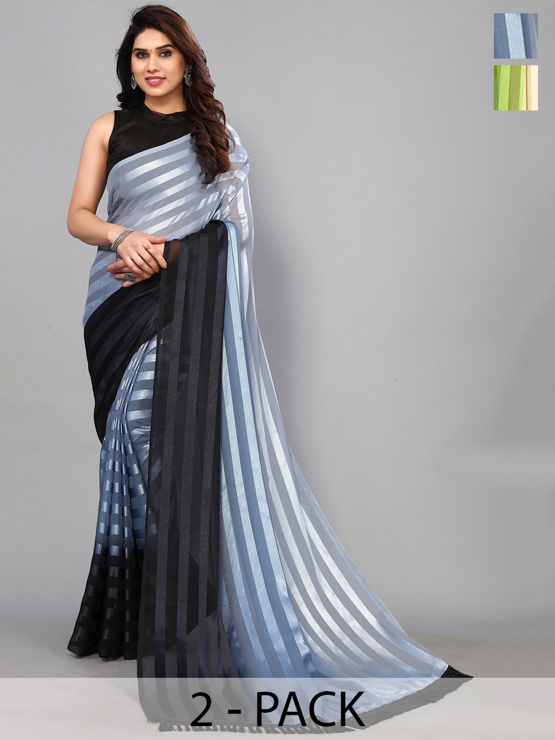 ANAND SAREES Striped Satin Saree, Black