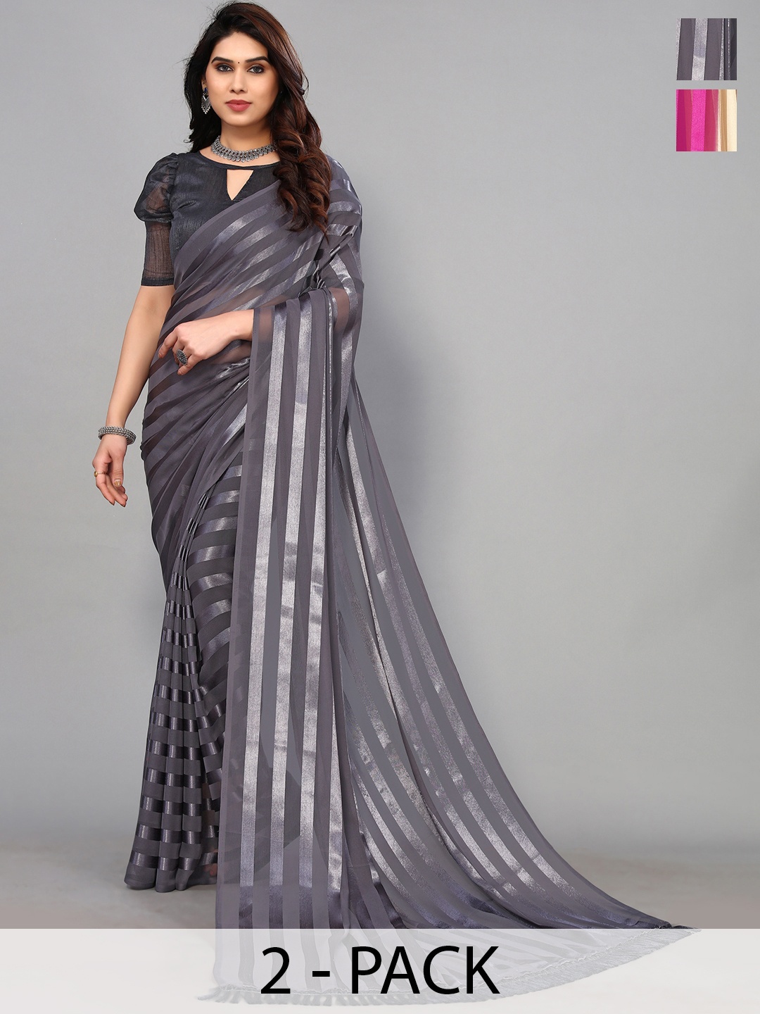 ANAND SAREES Striped Satin Saree, Beige