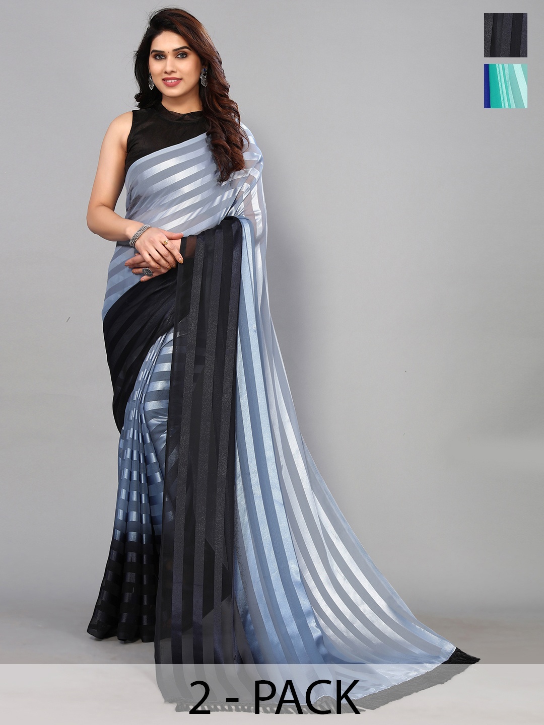ANAND SAREES Striped Satin Saree, Black