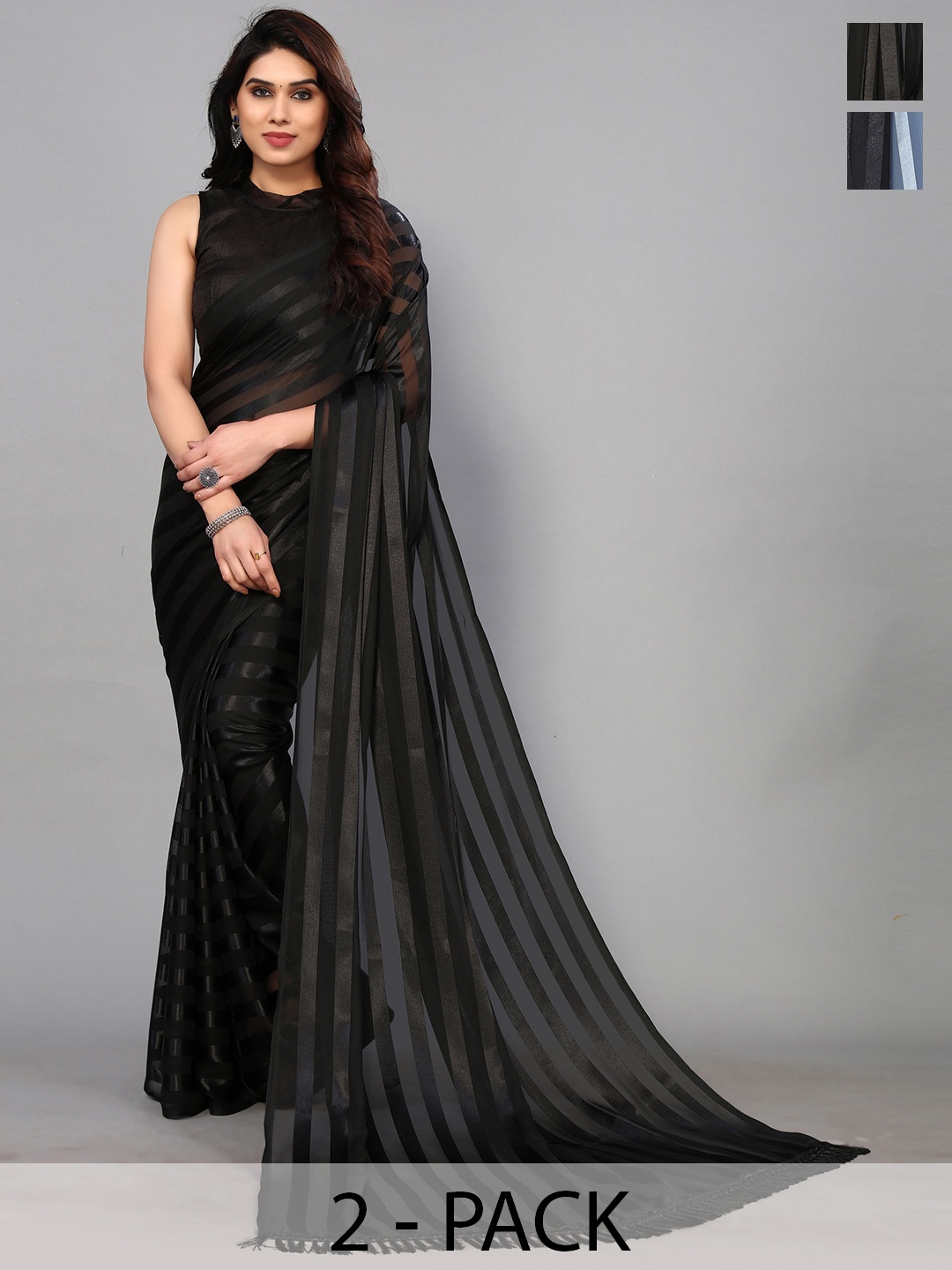 ANAND SAREES Striped Satin Saree, Grey