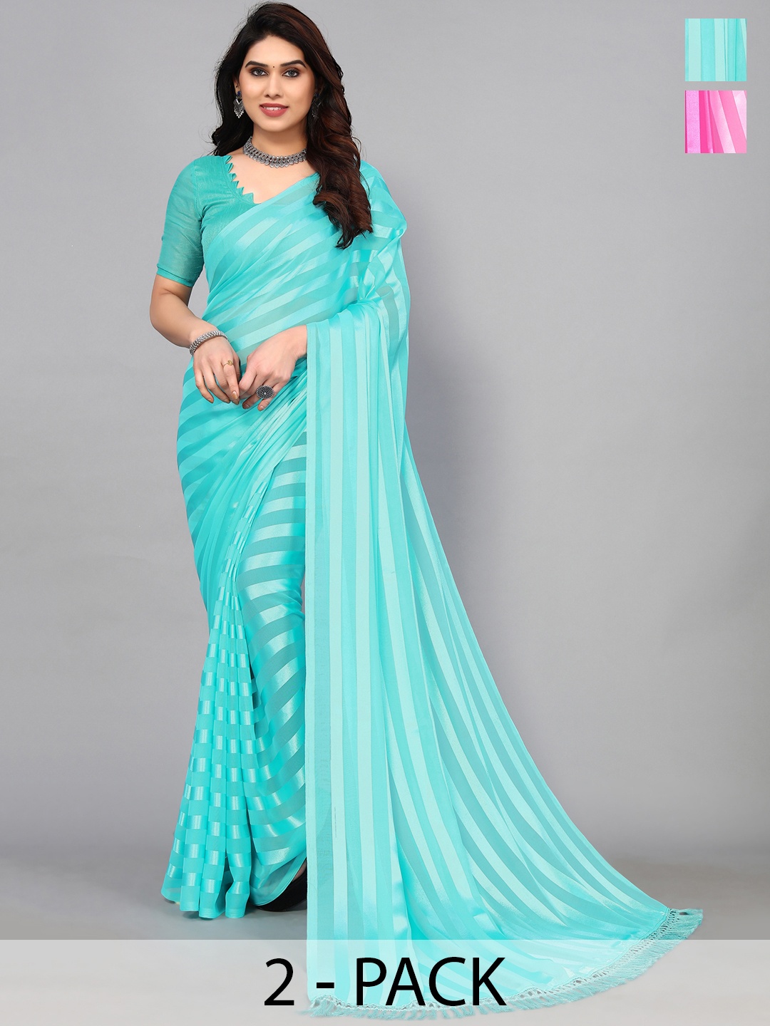 ANAND SAREES Striped Satin Saree, Sea green