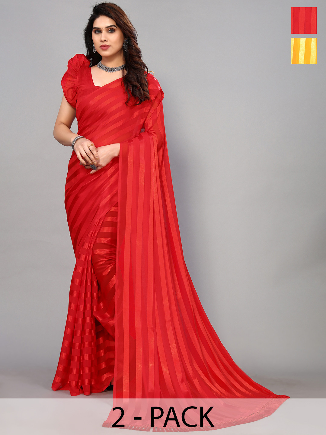 ANAND SAREES Striped Satin Saree, Red 
ANAND SAREES Striped Satin Saree, Red