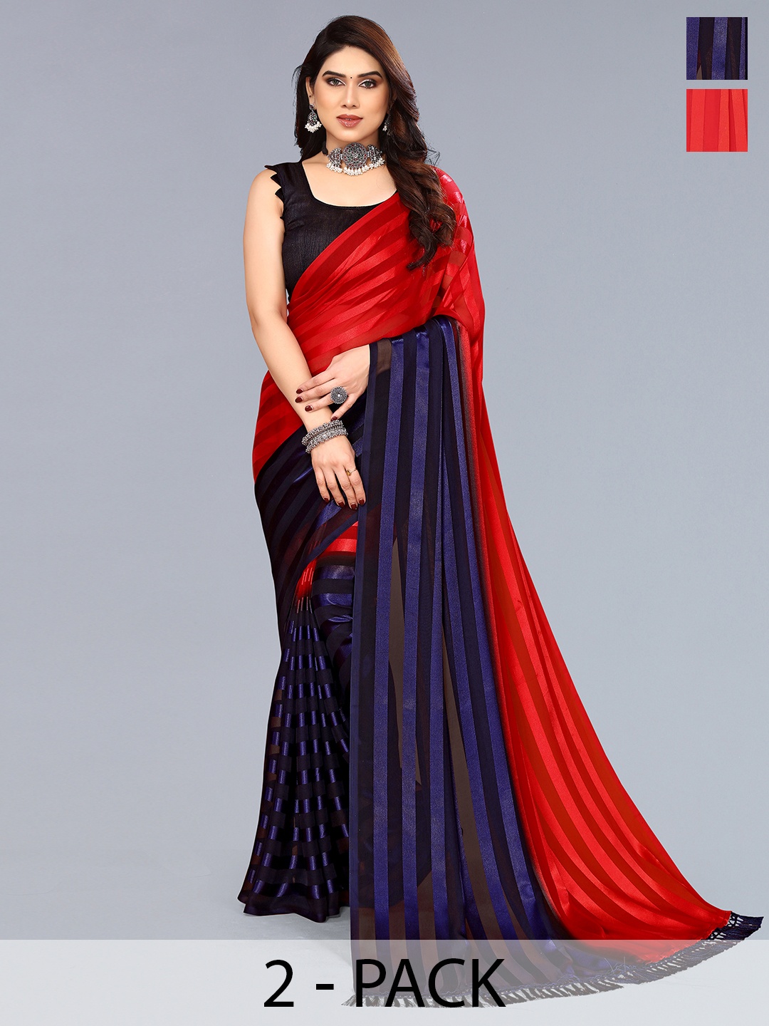 ANAND SAREES Striped Satin Saree, Red