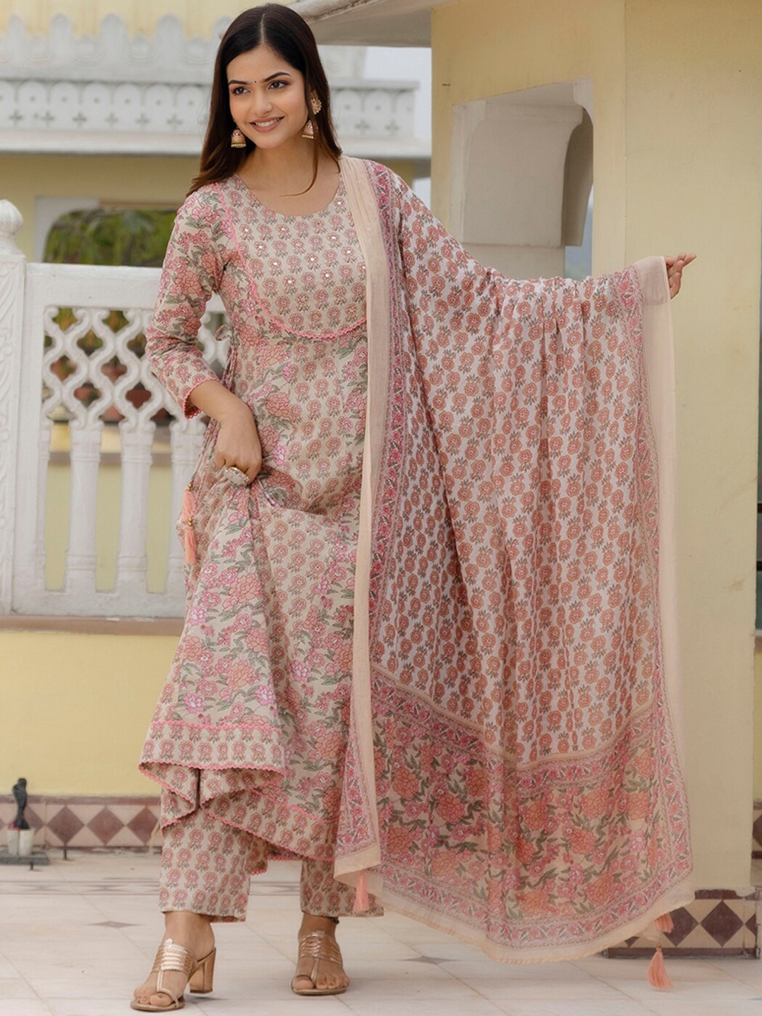 OMASK Floral Printed Empire Mirror Work Pure Cotton Kurta With Trouser & Dupatta, Beige
OMASK Floral Printed Empire Mirror Work Pure Cotton Kurta With Trouser & Dupatta, Beige