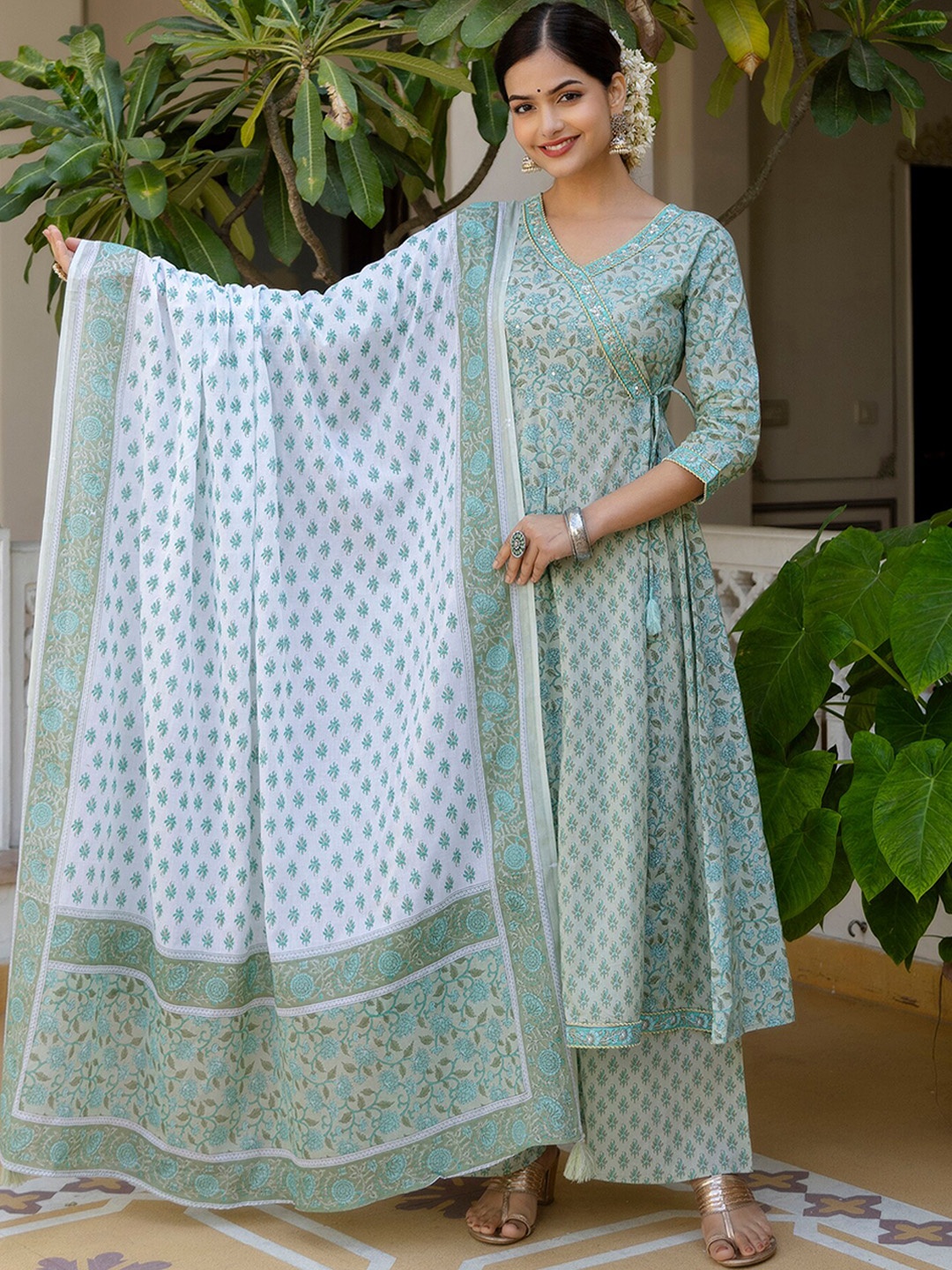 OMASK Floral Printed Pure Cotton Angrakha A-Line Kurta with Palazzos & Dupatta, Green
OMASK Floral Printed Pure Cotton Angrakha A-Line Kurta with Palazzos & Dupatta, Green