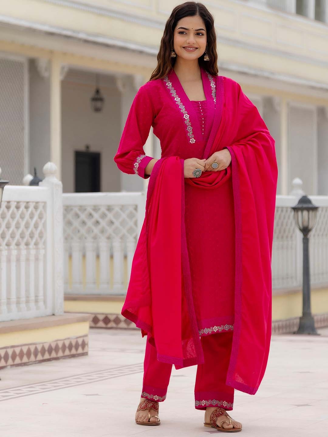 OMASK Floral Embroidered Regular Pure Cotton Kurta with Trousers & With Dupatta, Fuchsia
OMASK Floral Embroidered Regular Pure Cotton Kurta with Trousers & With Dupatta, Fuchsia