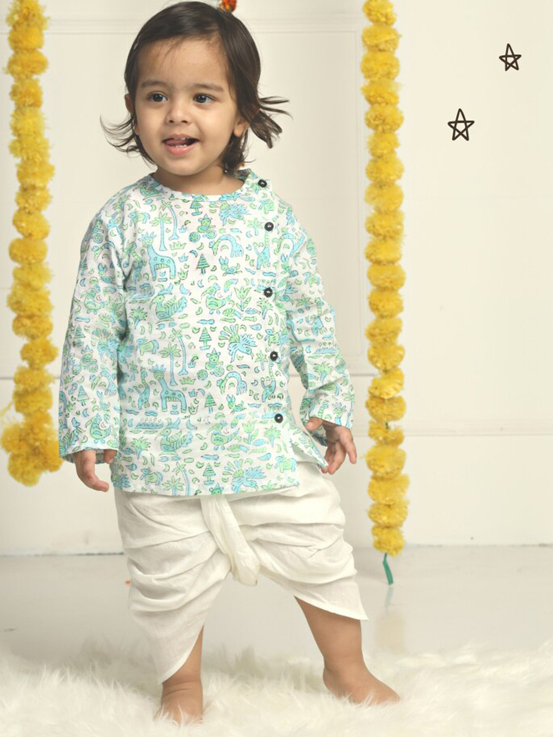 Polka Tot Kids Round Neck Long Sleeves Floral Printed Angrakha Kurta with Dhoti Pants, White
Polka Tot Kids Round Neck Long Sleeves Floral Printed Angrakha Kurta with Dhoti Pants, White