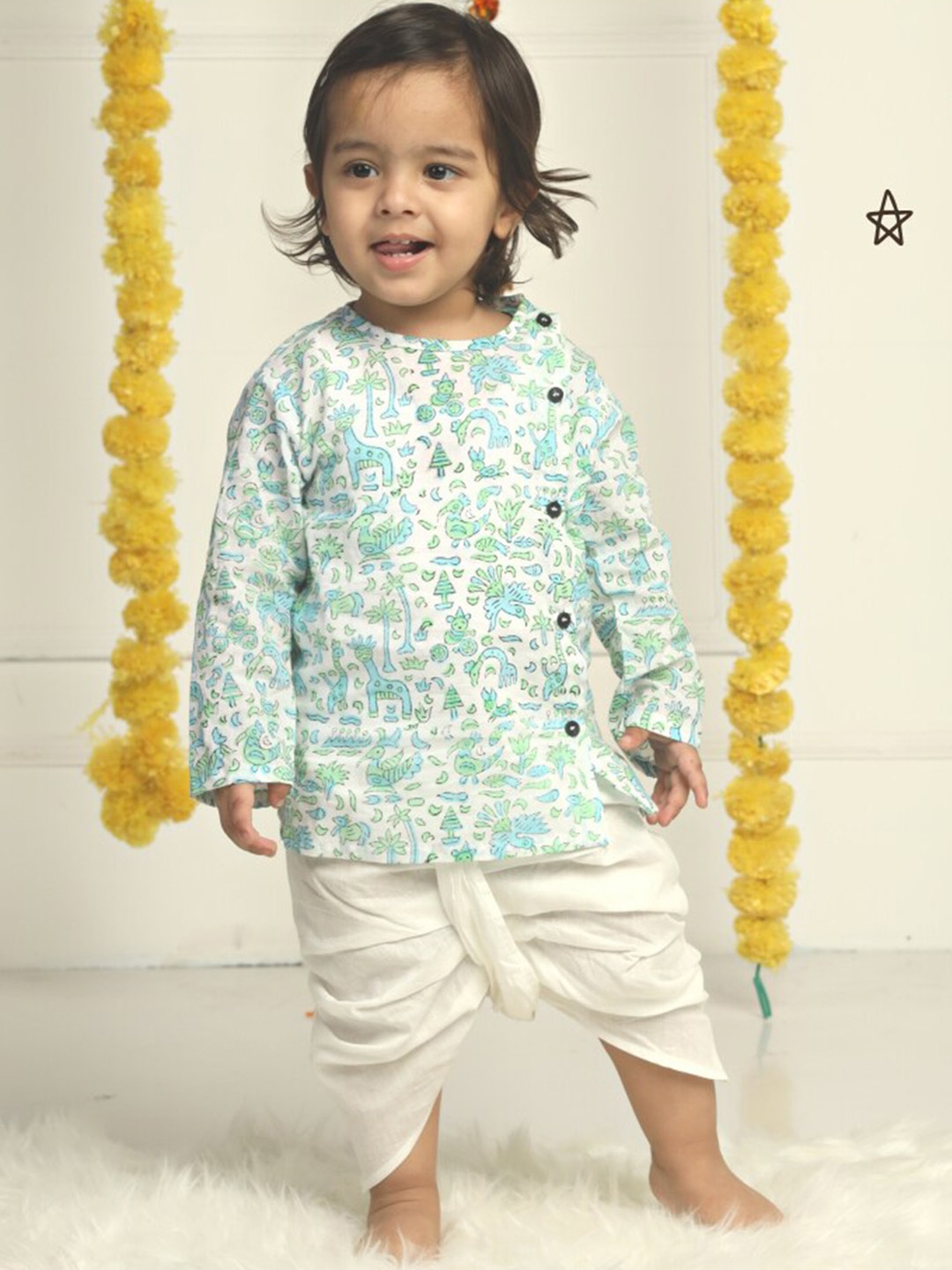 Polka Tots Kids Round Neck Long Sleeves Floral Printed Angrakha Kurta with Dhoti Pants, White
Polka Tots Kids Round Neck Long Sleeves Floral Printed Angrakha Kurta with Dhoti Pants, White