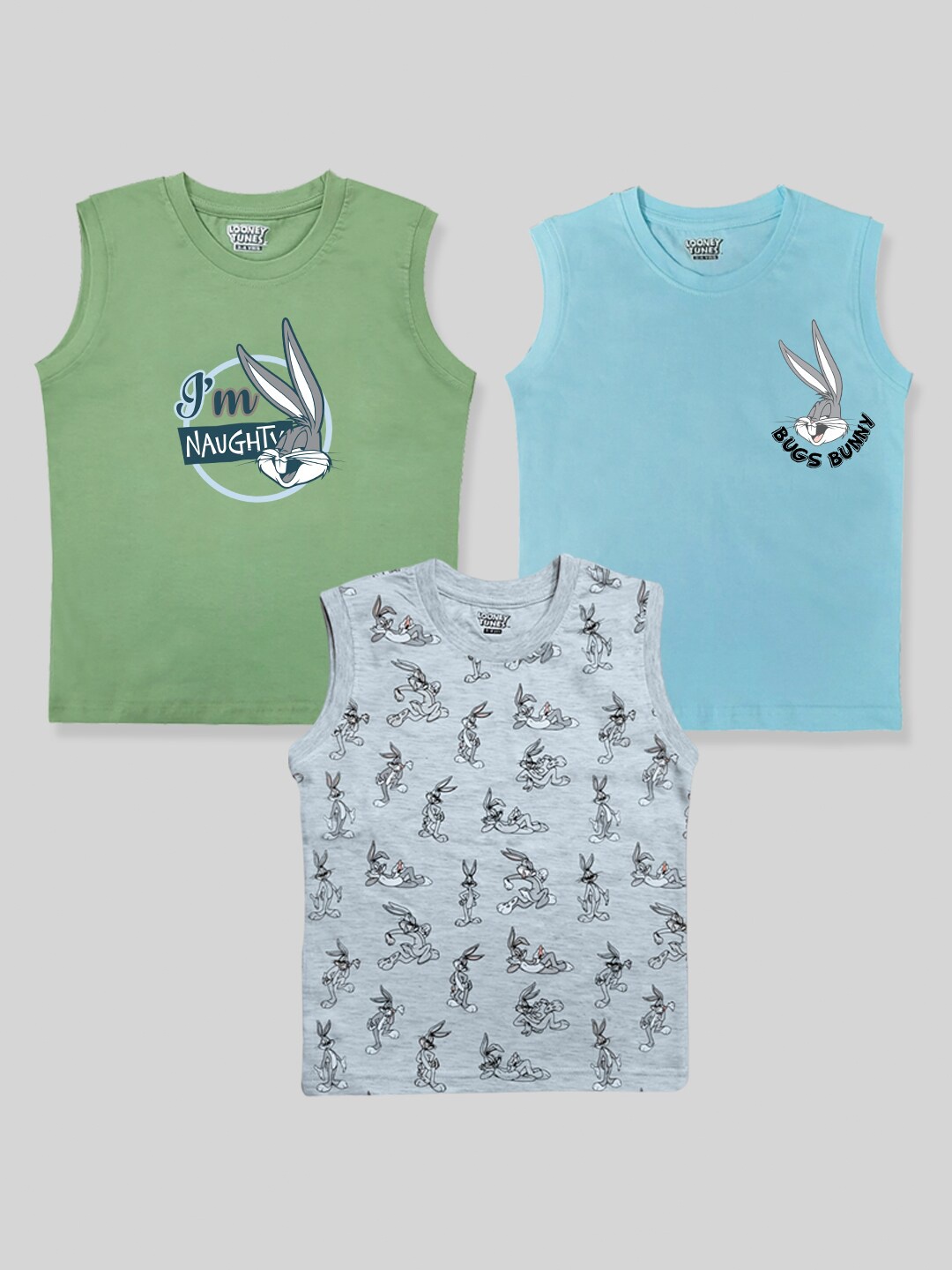 Minute Mirth Boys Pack Of 3 Bugs Bunny Printed Sleeveless Pure Cotton T-shirts, Green
Minute Mirth Boys Pack Of 3 Bugs Bunny Printed Sleeveless Pure Cotton T-shirts, Green